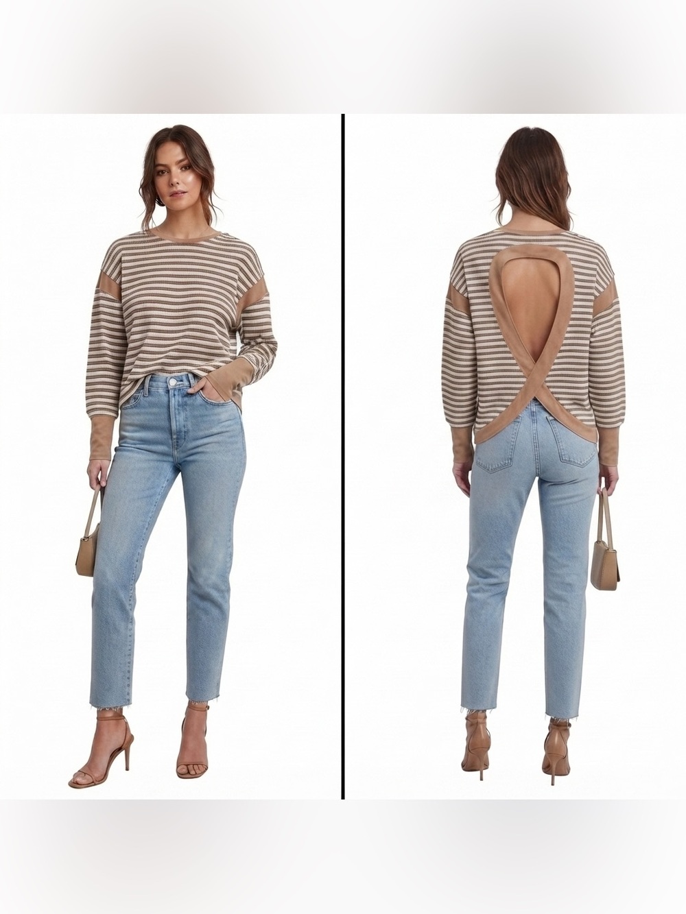 Long Sleeve Back Cut-Out Detail Stripe Top in Mocha 99 %  Cotton Size Medium